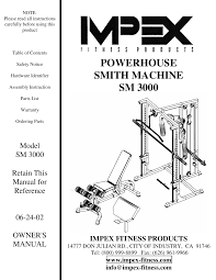 impex fitness sm 3000 owners manual parts list