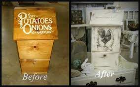 Build mostly from 3/4 pine. Old Potato Onion Bin Gets A Farmhouse Style Makeover Was Painted In Vintage Farmhouse Porch Swing Distre Potato And Onion Bin Diy Farmhouse Decor Potato Bin