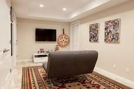 Small Basement Tv Room With A Lovely Rug And A Small Sofa Small Tv Room Small Sofa Designs Tv Room