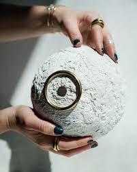 Large Treasure Bowl in Textured White Concrete with Brass by Carolyn Powers  Designs