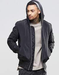 Image 1 Of Asos Hooded Bomber Jacket With Ma1 Pocket In Black Hooded Bomber Jacket Mens Zip Up Jackets Hooded Jacket Men