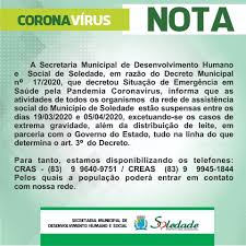 A Secretaria Municipal de Desenvolvimento Humano e Social de Soledade emite  Nota