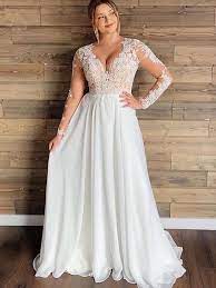 Long Sleeves Lace Chiffon Wedding Dresses Simple Country Wedding Dresses Bridal Gown Plus Size Bridal Dresses Simple Wedding Dress Country Lace Wedding Dress With Sleeves