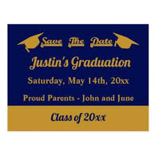 Graduate Graduation Save The Date Blue And Gold Postcard Zazzle Com Save The Date Postcard Best Friend Gifts