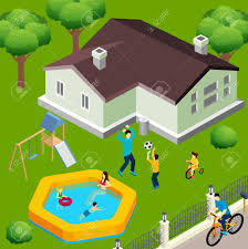 Choose from 910 printable design templates, like backyard clipart posters, flyers, mockups, invitation cards, business cards, brochure,etc. Family House Exterior Isometric View With Backyard Trees Swimming Royalty Free Cliparts Vectors And Stock Illustration Image 103367892