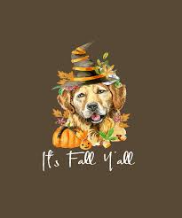 Dog dresses up as a halloween ghost Its Fall Yall Pumpkins Golden Retriever Halloween Costume Tshirt Digital Art By Felix
