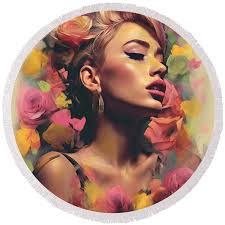 Miley Cyrus Flowers Round Beach Towel by Jackson Parrish
