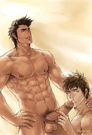 2boys abs black hair brown hair cum cum in mouth fellatio gay  hydaria male only muscles nipples oral penis penis grab standing testicles  yaoi 