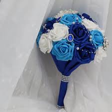 Wedding bouquet brooch bouquet pink ivory and peach | etsy. Bouquet Of Roses Artifiical Royal Blue White Turquoise Bridal Bouquet Vanrina