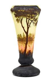 Daum Nancy Vase Ca 1900 Yellow Glass With Green Overlay And Etched Decorated With A Landscape Signed Daum Nancy H 31 Cm Daum Nancy Vase Daum