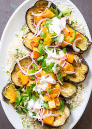 Roasted Eggplant And Butternut Squash With Tahini Yogurt Sauce Recipe Simplyrecipes Com Recipe Roast Eggplant Butternut Squash Recipes Healthy Healthy Squash Recipes
