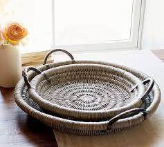 Dynkona 6 grey weave storage basket, plastic basket tray with handle (large) 4.3 out. Round Woven Decorative Tray With Handles Pottery Barn
