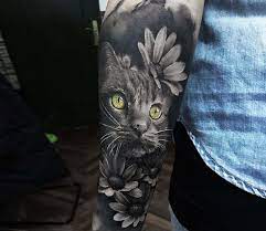 Cat With Flowers Tattoo By Alberto Escobar Post 23465 Cat Portrait Tattoos Black Cat Tattoos Realistic Cat Tattoo