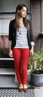Black And White Striped Shirt With Red Pants 14 Ideas To Wear Your Black Blazer In Spring Outfits Stylish Work Outfits Red Pants Outfit Work Outfits Women