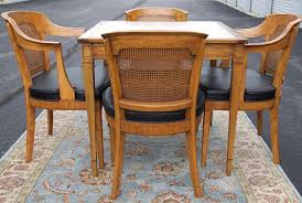 Pristine Henredon Game Table With A White Leather Top And Gold Border There Are 2 Walnut Finish Cane Arm Chairs With Black Vinyl S Cane Chair Chair Henredon