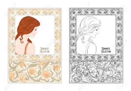 Organized by the new york academy of medicine library, there are over 100 institutions that have compiled free adult coloring books as well as free coloring book pages for download.each reflects the materials that they hold in their collections. Portrait Of A Woman With Long Hair In Floral Frame In Old Retro Art Nouveau Style Colored And Outline Design Vector Illustration Coloring Page For The Adult Coloring Book With Colored Sample Royalty