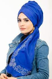 Aise Tesettur Saks Mavi Desenli Sal Bone Sal Giyim Trendler