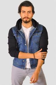 Erkek Kapusonlu Mavi Siyah Kot Ceket Siyah Kot Kot Ceket Kapusonlu