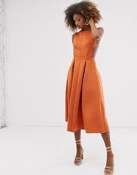 Asos Design High Neck Midi Pleated Prom Dress Asos In 2020 Prom Dress Trends Maxi Dress Prom Orange Wedding Guest Dresses