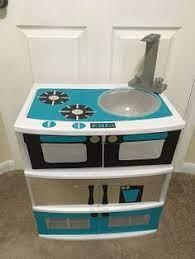 Diy Play Kitchen With Duck Tape And Plastic Drawers The Eighth Daughter Diy Play Kitchen Play Kitchen Kids Play Kitchen