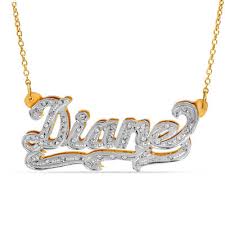 Some 14k gold name necklace also have attached pendants and charms that can be changed for versatility. 1 10 Ct T W Diamond And Textured Scroll Name Necklace In Sterling Silver And 14k Gold Plate 1 Line Zales