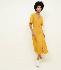 Mustard Yellow Wrap Front Midi Dress New Look Wrap Dress Midi Long Sleeve Midi Dress Mustard Yellow Dresses