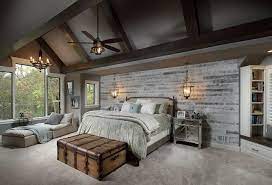 Farmhouse Bedroom Farmhouse Bedroom With Beamed Vaulted Ceiling Shiplap Accent Wall Dark Grey Farmhouse Master Bedroom Shiplap Bedroom Master Bedrooms Decor