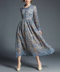 Kaimilan Blue Long Sleeve Lace Midi Dress Women