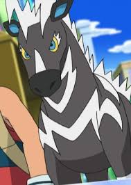 Its coat is black with white, jagged stripes all over its body. Zebstrika Anime Planet
