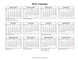 There are ten federal holidays recognized by the united states government. Printable Yearly Calendar 2021 Free Calendar Template Com