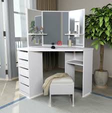 Cormier corner makeup vanity with mirror by trule teen 34999 51590. High Capacity Storage For Bedroom Makeup Dressing Table Dresser Desk With 5 Sliding Drawers Corner Vanity Table Set With Three Fold Mirrors White 114x57x140cm 45x22x55inch Furniture Bedroom Furniture Letsbookmypg Com