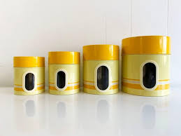 Maybe you would like to learn more about one of these? Vintage Kitchen Canister Set Of Four 4 Sunshine Yellow White Striped Canisters Metal Jar Retro Kitchen Windows 1960s 1970s Kitsch Baking By Checkenginevintage From Check Engine Vintage Of Washington Dc Attic