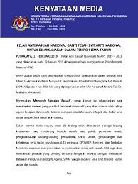 Laporan kemajuan pelan antirasuah nasional 2019 boleh dimuat turun dari laman sesawang rasmi giacc. Kenyataan Media Pelan Anti Rasuah Nasional Ganti Pelan Integriti Nasional Untuk Dilaksanakan Dalam Tempoh Lima Tahun