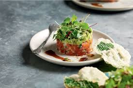 Salmon Tartare With Wasabi Avocado And Tempura Leaves Recipe Salmon Tartare Tartare Recipe Raw Food Recipes
