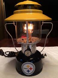 Electric Pittsburgh Steeler Themed Upcycled Coleman Big Hat Lamp With Touch Dimmer Belongs In Any M Coolhats Coleman Lantern Coleman Lamp Candelabra Light