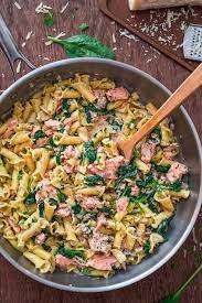 Hot sauce lends mild heat that's delectable with the smoky topping. Salmon Pasta With Spinach Cooktoria