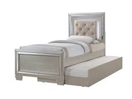 The glamorous platinum bedroom set is dressed in a fashionable champagne finish and adorned with a chic mirror trim. Elements International Platinum Twin Upholstered Bed With Mood Backlighting And Trundle Lindy S Furniture Company Panel Beds