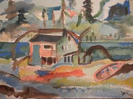 Old Oregon Art WPA Virginia Darce Cabin By Water Timberline Lodge Blue Ox  Artist