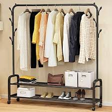Clothes rack metal garment racks heavy duty indoor bedroom cool clothing hanger with top rod and lower multi feature clothes rack! Rolling Clothes Rack Metal Clothes Hanging Garment Rack Heavy Duty Indoor Bedroom Clothes Coat Stand Shoes Rack With Top Rod And Lower Storage Shelf Coat Rack 125cm 2 Layers Black Buy Online At