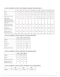 Joan Calabrese For Mon Cheri Size Chart