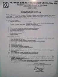 Bank bri merupakan sebuah lembaga keuangan perbankan terkemuka di. Lowongan Kerja Bank Bri Cab Surakarta Sudirman Admin Staff Pemasar Dana Jasa Loker Swasta
