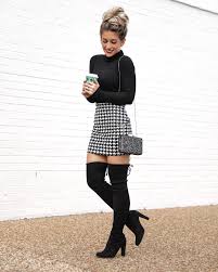 Black And White Houndstooth Skirt Outfit Express Houndstooth Mini Skirt Christmas Thanksgiving Outfit Idea Black Turtleneck Stuart Weitzman Over The Knee Boot Thanksgiving Outfit Fashion Trendy Skirts