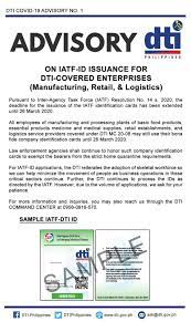 We did not find results for: Dti Covid 19 Advisory 1 Iatf Id Issuance For Dti Covered Enterprises Manufacturing Retail Logistics Department Of Trade And Industry Philippines
