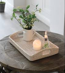 Small rectangle lacquer trays in bold shades set a playful scene. Rattan Serving Tray Whitewash
