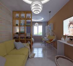 разнополых детей дизайн детской комнаты 17 кв м для двоих детей Detskaya 02 Zheltyj Divan Podvesnoe Kreslo Dekorativnaya Peregorodka Sharoobraznye Lyustry Bezhevyj Pol Iz Keramogranita Diz Dizajn Dizajn Proekty Zheltyj Divan