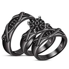 14k Black Gold Over Diamond His And Her Wedding Trio Set Engagement Band Rings Black Wedding Rings Black Wedding Ring Sets Diamond Wedding Sets