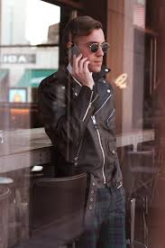 Black And White Checkered Leather Jacket Men S Black Leather Biker Jacket White Dress Shirt Navy And Green Plaid Dress Pants Dark Brown Sunglasses Black Leather Biker Jacket Green Leather Jackets Green Plaid Dress