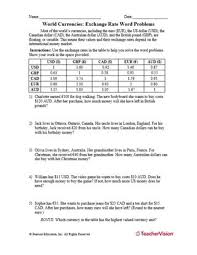 World Currencies Exchange Rate Word Problems Teachervision