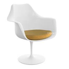 Iconic swivel chair in fiberglass, with internal shell and seat cushion upholstered in fabric. Knoll International Saarinen Tulip Armchair Swivel Seat Cushion White Gold Eva 154 By Eero Saarinen 1955 1957 Designer Furniture By Smow Com