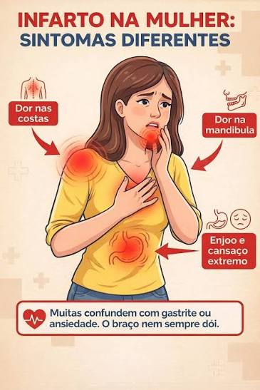 🚨 INFARTO NA MULHER: OS SINAIS QUE MUITAS IGNORAM! 🚨 O coração feminino  nem sempre avisa com a “dor clássica no braço”. Muitas vezes, os sinais são  sutis e perigosos 💔 ⚠️